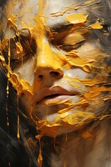 An abstract photograph of a womans face splashed with orange and gold acrylic paint.