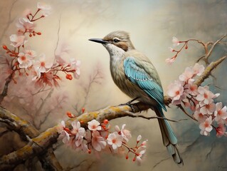 Bird on a branch with flowers in the background generative ai