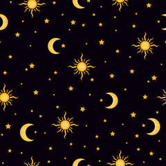 night sky seamless pattern. moon sun stars pattern. magic wizard print. crescent celestial background. good for fabric, textile, costume, wallpaper, backdrop, clothing, bedding, linen.
