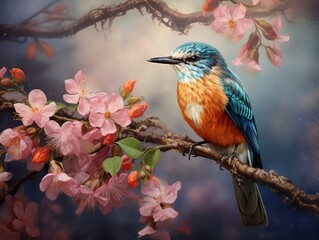 Fototapeta premium Bird on a branch with flowers in the background generative ai