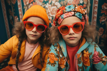 Modern trendy children in bright fashionable clothes