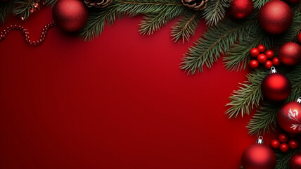 Red background,decorated with christmas ball, copy space top view, luxurious decoration background AI Generated