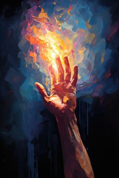 An illustration of a hand reaching out, flames representing pain.