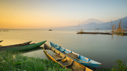 beautifull sunrise or sunset lanscape view of rawa pening lake icon of banyubiru semarang city central java indonesia
