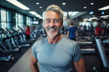 Fototapeta na wymiar Attractive senior man selfie in gym