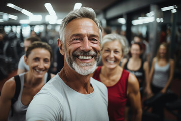 Smiling senior man taking selfie in gym during training - obrazy, fototapety, plakaty