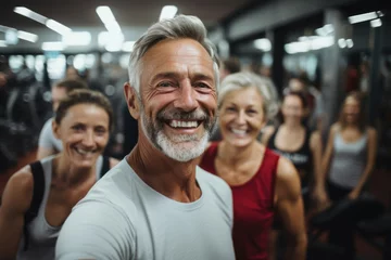 Tableaux sur verre Fitness Smiling senior man taking selfie in gym during training
