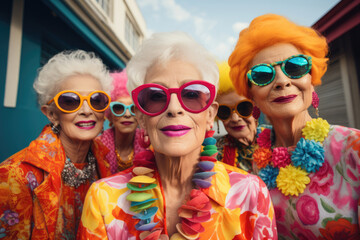 Stylish old senior ladies selfie in bright fashionable clothes - Powered by Adobe