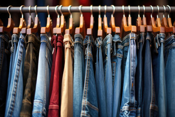 Rack with used jeans on trempels, second hand concept