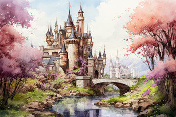 Fairy kingdom, castle in watercolor style