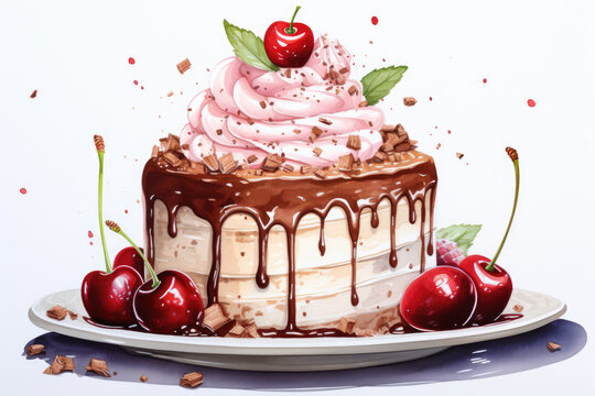 Cake with cream and cherries in watercolor style on a white background