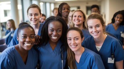 A group of nursing students training at a college and their medical colleagues smile for the camera. - obrazy, fototapety, plakaty