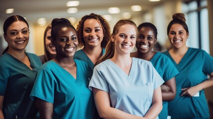 A group of nursing students training at a college and their medical colleagues smile for the camera. - obrazy, fototapety, plakaty