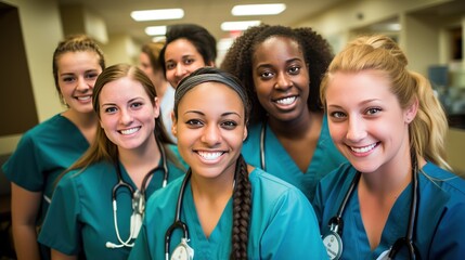 A group of nursing students training at a college and their medical colleagues smile for the camera.