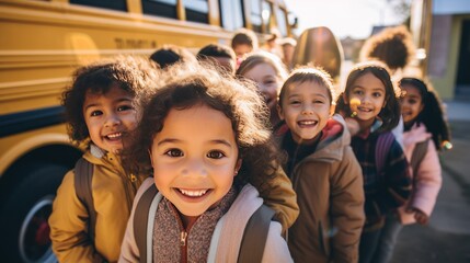 A group of smiling kindergarten students look at the camera preparing to go on a field trip with a bus in the background.