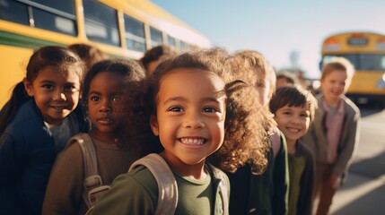 A group of smiling kindergarten students look at the camera preparing to go on a field trip with a bus in the background.