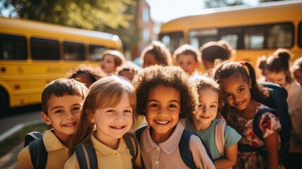A group of smiling kindergarten students look at the camera preparing to go on a field trip with a bus in the background.