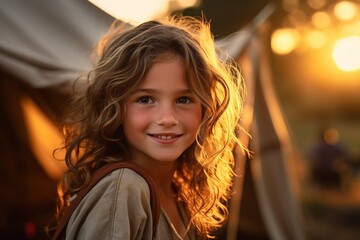 Fototapeta premium Portrait of cute little girl at camera while standing near camping tent at sunset