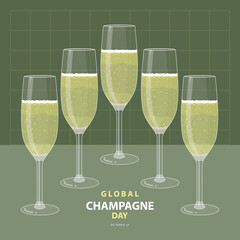 Global Champagne Day on october 27, With five glasses of sparkling wine as champagne vector illustration and text isolated on abstract background for commemorate and celebrate Global Champagne Day.