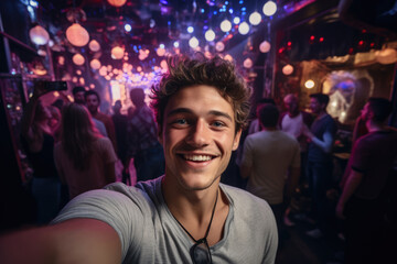 handsome man selfie photo at night club party
