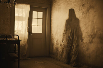 Fototapeta premium Horrible ghost in an old house, vintage retro photography sepia style