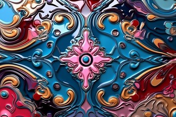 Abstract melting colorful pattern with round ornaments for textile, ceramic tiles, and design. Modern floral pattern in 3D illustration for print, fashion, and carpet designs. Generative AI