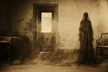 Horrible ghost in an old house, vintage retro photography sepia style