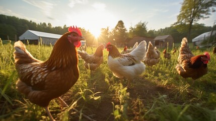 An organic farm with free-range chickens in a rural village