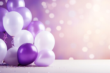 lilane violete und weiße Ballons mit Platz für Text. Querformat. Generative Ai. - obrazy, fototapety, plakaty