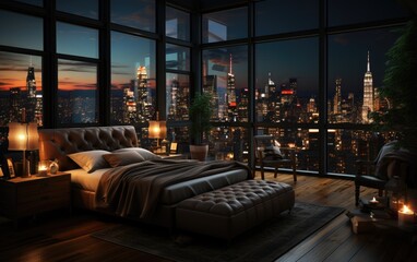 penthouse bedroom at night, dark and gloomy, A room with a view of the city  of lighting, focus from balcony from the bed AI Generative