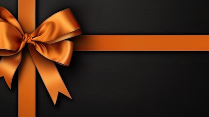 Draufsicht - Orangefarbene Schleife auf schwarzer Geschenkverpackung, eleganter Geschenkpapier Hintergrund für Geburtstag, Jubiläum oder Black Friday, mit Platz für Text, Karte - obrazy, fototapety, plakaty