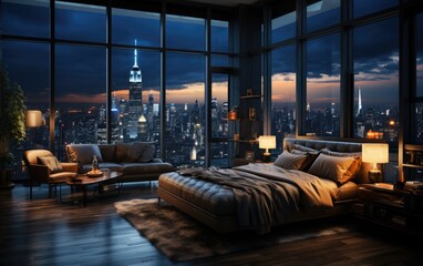 penthouse bedroom at night, dark and gloomy, A room with a view of the city  of lighting, focus from balcony from the bed AI Generative