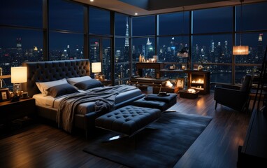 penthouse bedroom at night, dark and gloomy, A room with a view of the city  of lighting, focus from balcony from the bed AI Generative