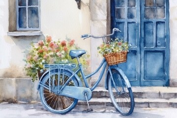 Fototapeta na wymiar Blue bicycle with wicker basket painted in watercolor. Generative AI