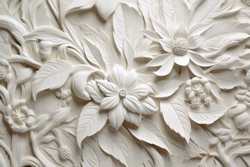 White floral bas-relief with abstract flowers and leaves. Generative AI