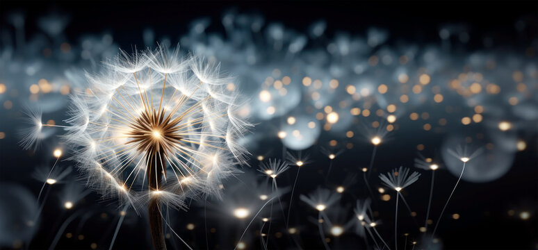 Close-up of dandelion seed head or blowball and seeds glowing in the dark