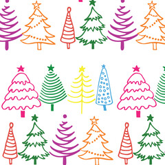 Seamless pattern for Christmas and New Year with hand-drawn colored fir trees. Design for fabric, packaging, wallpaper, cover. The pattern is added to the swatch panel.