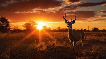 Silhouette of white tailed deer of Texas farm, sunset, natural light - obrazy, fototapety, plakaty