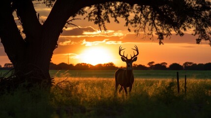 Silhouette of white tailed deer of Texas farm, sunset, natural light