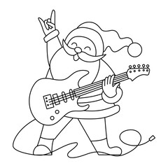 Santa Claus plays the electric guitar. Fun illustration for a coloring book. Line drawing. - 663662136