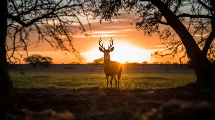 Poster Im Rahmen Silhouette of white tailed deer of Texas farm, sunset, natural light © somchai20162516