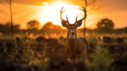 Silhouette of white tailed deer of Texas farm, sunset, natural light - obrazy, fototapety, plakaty