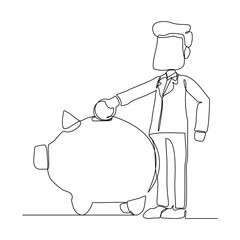 Continuous single line sketch drawing of business man save coin in piggy bank. Vector illustration of one line money investment financial economy