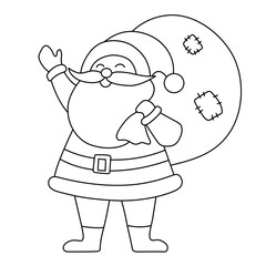 Vector black and white kawaii Santa Claus with sack.. Cute Father Frost illustration isolated on white.
