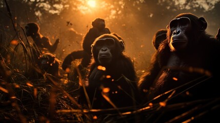 The chimpanzees living in Kibale National Park shouted, with an orange glow shining on them in natural light.