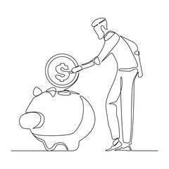Continuous single line sketch drawing of business man save coin in piggy bank. Vector illustration of one line money investment financial economy