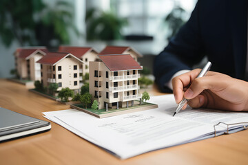 Fototapeta premium Businessman in a suit signs a contract for the purchase of a property