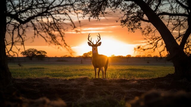 Silhouette of white tailed deer of Texas farm, sunset, natural light