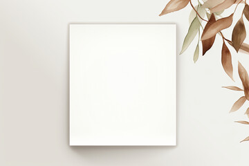 Blank canvas framed with brown and green dried leaves. Presentation template for design display.