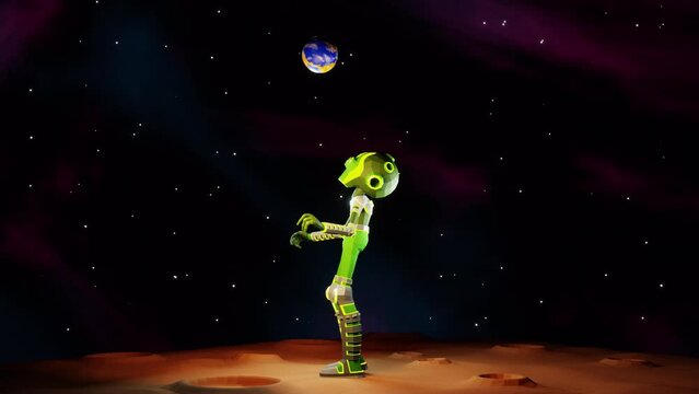 3D Alien juggles Earth like a football player with a ball, standing on the lunar surface. Looping animation.